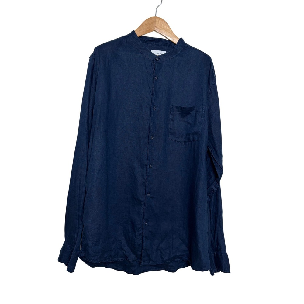 Onia Navy Blue 100% Linen Band Collar Long Sleeve Shirt Mens XL